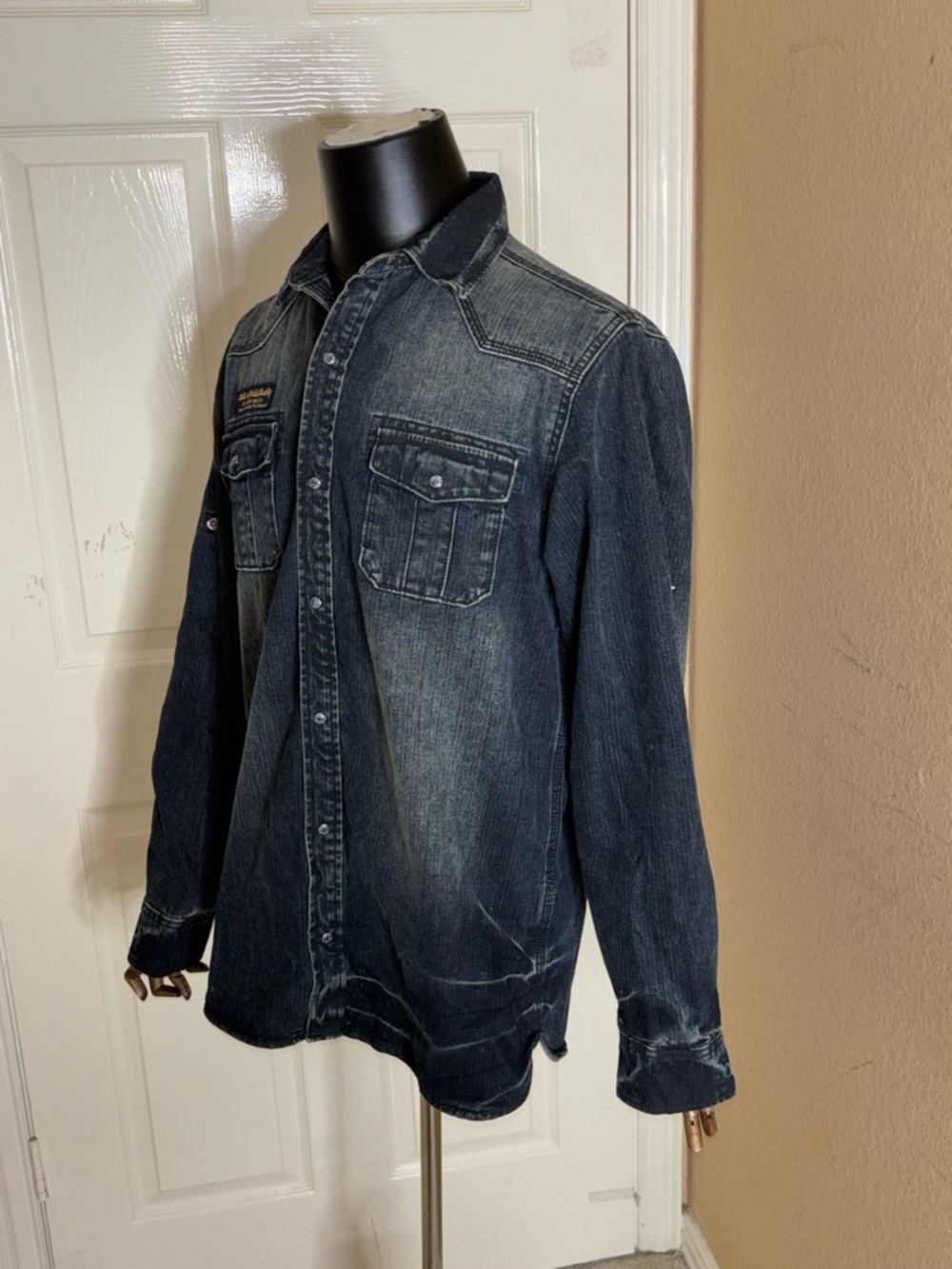 Cult of Individuality Western Pearl Snap Shirt Mens Blue Distressed Denim Large - Picture 2 of 12